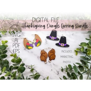 Ringraziamento Autunno Autunno Orecchino Bundle Cornucopia Pellegrino Cappello Turchia Glowforge Taglio laser File digitale SVG ai eps pdf design di gioielli in legno
