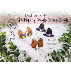 Thanksgiving Fall Autumn Earring Bundle Cornucopia Pilgrim Hat Turkey  Glowforge Laser Cut Digital File SVG ai eps pdf wood jewelry design