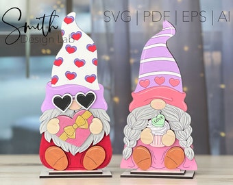 Gnomos de San Valentín Pareja Shelf Sitter Glowforge SVG Digital Laser Cut File Holiday Heart Cupcake Diseño hecho a mano Decoración de madera AI PDF