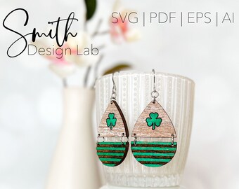 St. Patrick's Shamrock Irish Stripe Split Teardrop Diseño Pendiente Digital Laser Cut File Glowforge Diseño hecho a mano Joyería de madera Vacaciones