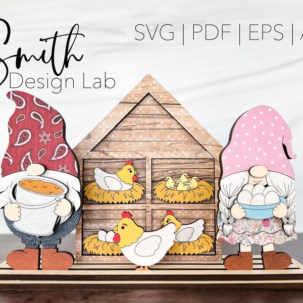 Chicken Coop Gnome Shelf Sitter Glowforge SVG Laser Digital Cut File Huevos de granja Pollitos bebé Diseño hecho a mano Decoración de madera AI PDF