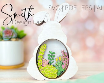 Conejito en capas suculenta estantería de Pascua Niñera Glowforge SVG Digital Laser Cut File Wood Decor Diseño hecho a mano Adobe Illustrator PDF