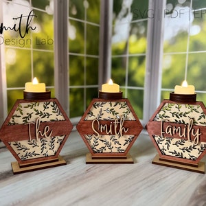 Leaf Hexagon Tea Light Holder Set Glowforge SVG Digital Laser Cut File Handmade Wood Decor Design Shelf Sitter AI PDF