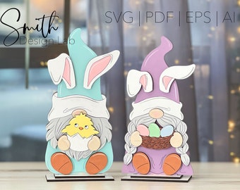 Gnomo de Pascua Shelf Sitter Glowforge SVG Digital Laser Cut File Vacaciones Madera Decoración Diseño hecho a mano Pareja Huevo de Pascua Baby Chick AI PDF Adobe