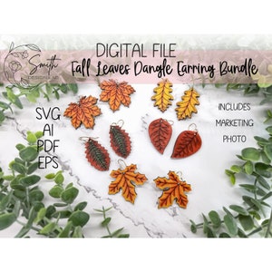 Fall Leaves Dangle Earring Bundle Glowforge Laser Cut Archivo digital SVG ai eps pdf joyería de madera diseño dibujado a mano