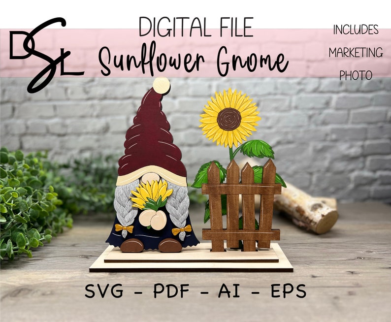 May include: A wooden craft project featuring a gnome holding a sunflower. The gnome is wearing a burgundy hat and a blue shirt. The sunflower is yellow with brown center. The gnome is standing in front of a wooden fence. The project is labeled "Sunflower Gnome" and includes SVG, PDF, AI, and EPS files.