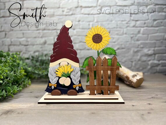 Sunflower Gnome Shelf Sitter Digital Laser Cut File SVG AI PDF Handmade Wood Layered Design Glowforge Adobe Illustrator Silhouette Studio