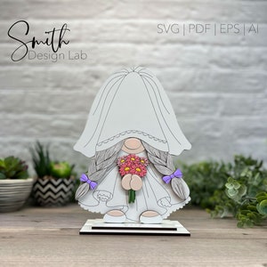 Noiva gnome em camadas digital arquivo de corte a laser svg glowforge decoração do casamento presente artesanal madeira design nupcial ai eps pdf peça central do noivo