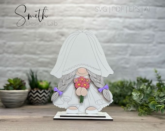 Novia Gnomo Capas Archivo de corte láser digital SVG Glowforge Boda Decoración Regalo Hecho a mano Madera Diseño nupcial ai eps pdf Novio Centro de mesa