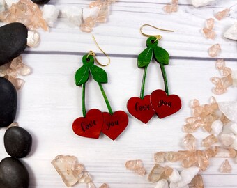 Valentine's Cherry Heart Love You Pendiente SVG Glowforge - Archivo de corte láser