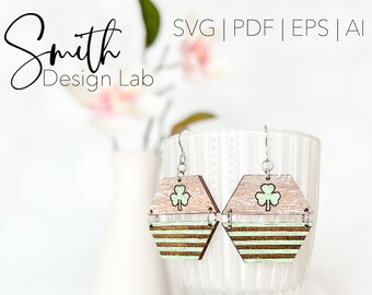 St. Patrick's Shamrock Irish Stripe Split Hexagon Design Pendiente Digital Laser Cut File Glowforge Diseño hecho a mano Joyería de madera Regalo de vacaciones