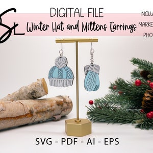 Gemütliche gestrickte Mütze und Fäustlinge Ohrring Set Glowforge SVG Digital Laser Cut Datei Holz Schmuck Handmade Design Weihnachten Urlaub Geschenk PDF