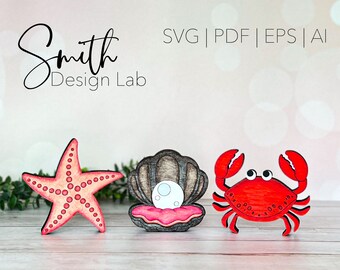 Ocean Sea Life Chunky Shelf Sitters Conjunto de archivos / Archivos SVG digitales Glowforge / Smith Design Lab