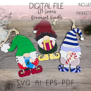May include: Three wooden elf gnome ornaments with different colored hats and outfits. The gnomes are holding a gift, a candy cane, and a stocking. The ornaments are on a wooden background. SVG AI EPS PDF.