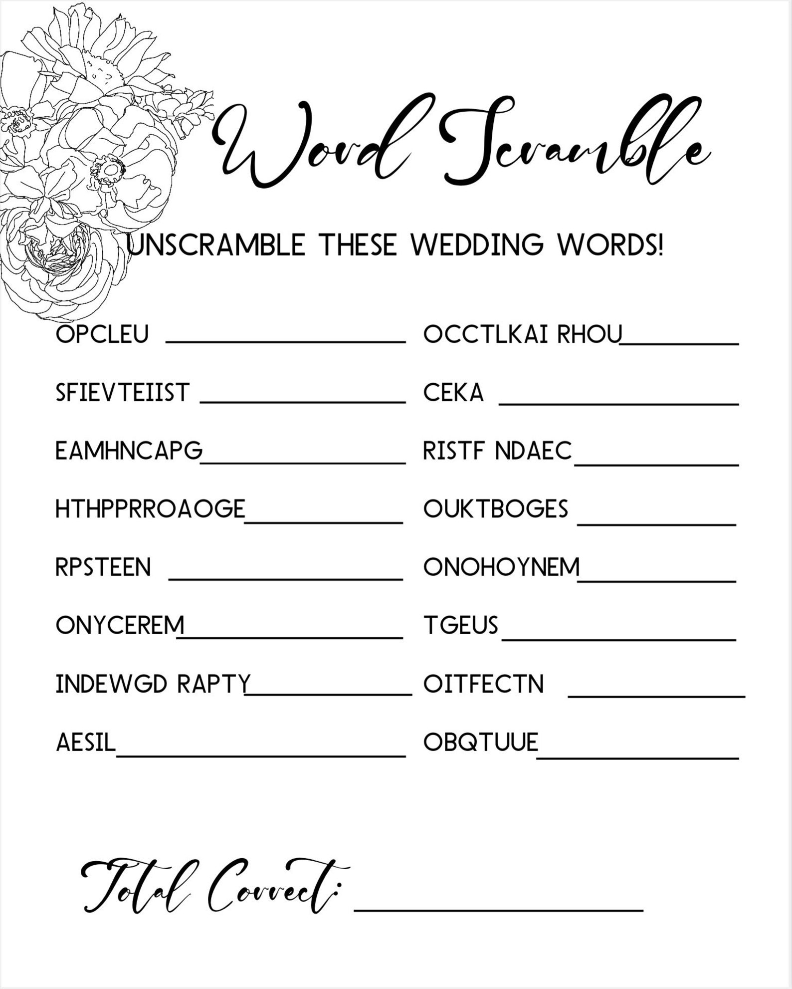 Minimalist Wedding Shower Word Scramble Printable Game - Wildflower ...