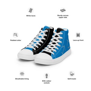 May include: Blue and black high-top canvas sneakers with white laces and a geometric pattern. The shoes have a padded collar, breathable lining, and a soft insole. The outsole is made of EVA rubber.