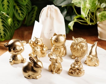Gold Concrete Good Luck Charm Set: Lucky Cat, Elephant, Pig, Rabbit, Owl, and Gnome