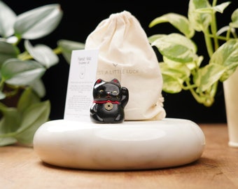 Black Concrete Maneki Neko: Hand-Painted Lucky Cat Statue for Good Luck and Protection