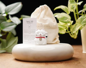 White Concrete Maneki Neko: Hand-Painted Lucky Cat Statue For Good Luck and Happiness