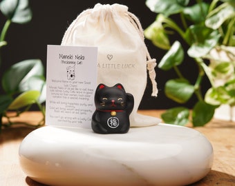 Black Ceramic Lucky Cat: Maneki Neko Statue For Protection From Evil