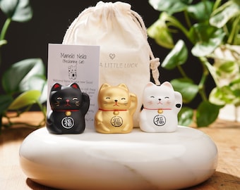 Ceramic Lucky Cat Set | Lucky Cats For Luck, Happiness, Wealth and Protection | Maneki Neko | Feng Shui Cat | Good Luck Gift | Beckoning Cat