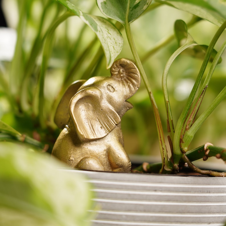 May include: A gold-coloured elephant figurine sitting in a pot of green plants. The elephant has its trunk raised and its ears are large.
