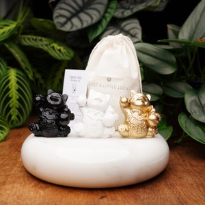 Concrete Lucky Cat Set: Good Fortune Maneki Neko with Gift Bags