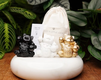 Concrete Lucky Cat Set: Good Fortune Maneki Neko with Gift Bags