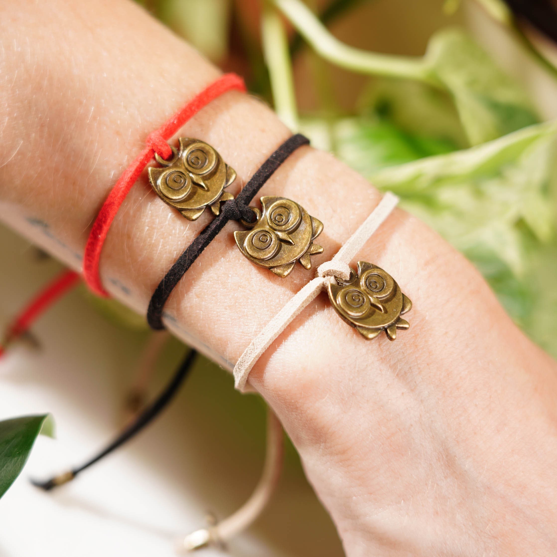 Owl Wish Bracelet: Good Luck Charm, Adjustable Vegan Faux Suede Cord