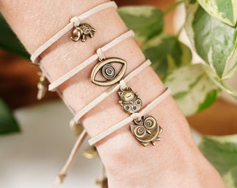 Lucky Charm Wish Bracelet Set: Maneki Neko, Evil Eye, Elephant, Owl