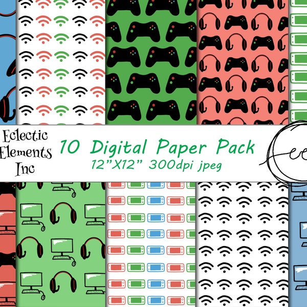 Digital Paper Pack VIDEO GAME/Computer Theme with 10 Hand Drawn papers + 1 BONUS decal sheet Scrapbook paper 12"X12" 300 dpi .jpg files