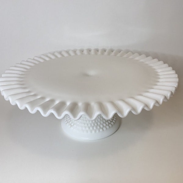 Vintage 12.5 inch Fenton Hobnail White Milk Glass Cake Stand with Ruffled Edge