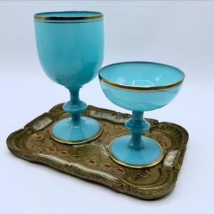 Portieux Vallerysthal - Blue Opaline Champagne Coupe & Goblet with Gold Trim (Made in France)
