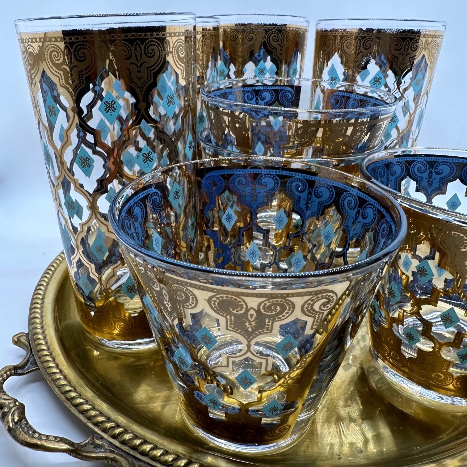 Vintage Glasses 2 Drinking Glassware Bar Blue Turquoise Orange Boho Coastal  MCM