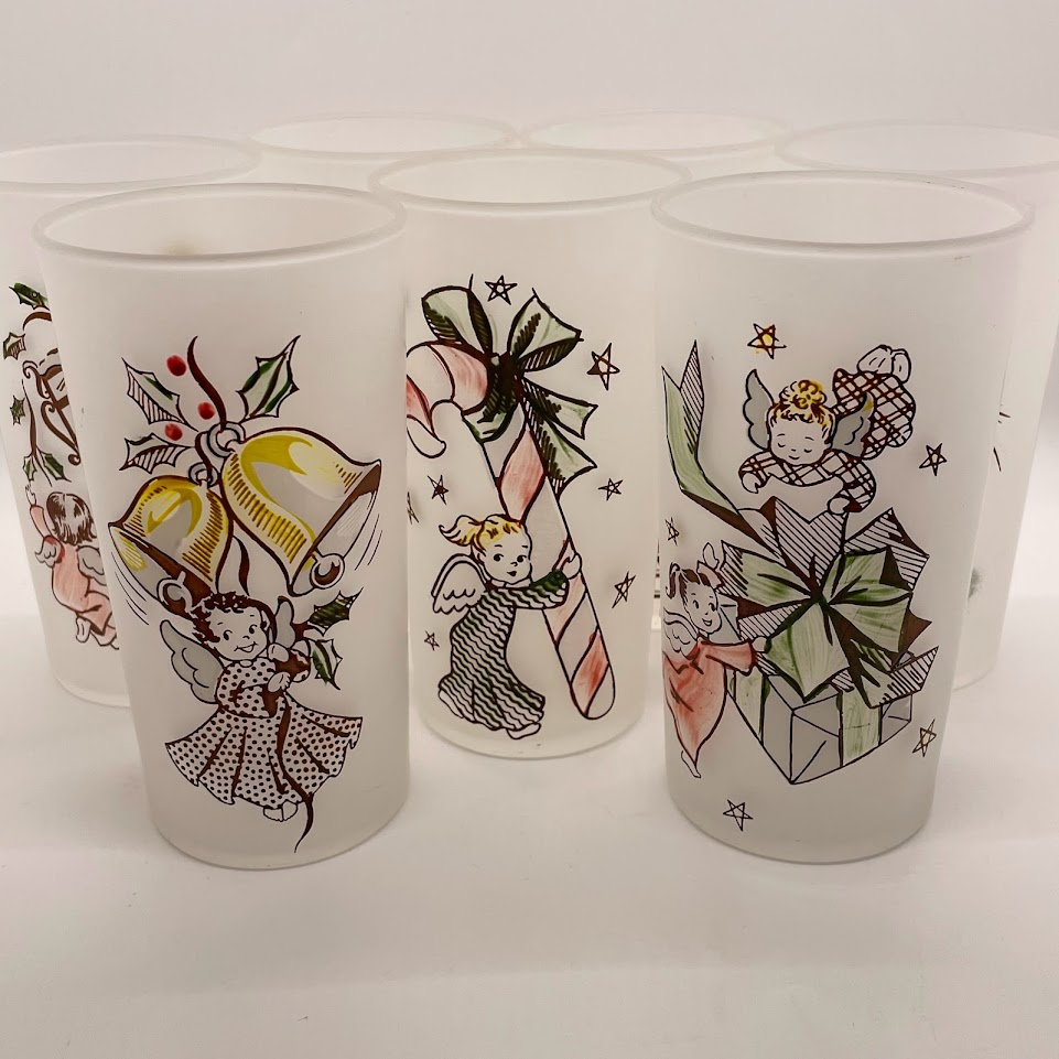 Mid Century Signed Gay Fad Hand-Painted Crooked Mini Martini Glasses- Set  of 7