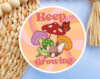 Keep Growing Sticker | Cute Frog Mushroom Butterfly Sticker, Pink Motivational Quote Sticker, Waterproof,  Fairy shroom Spring, positive