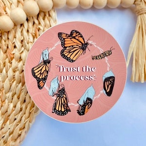 May include: Pink round sticker with a quote "Trust the process" and a graphic of a monarch butterfly life cycle. The graphic shows a caterpillar, a chrysalis, and a butterfly.
