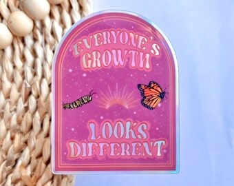 Growth Looks Different Sticker | Holographic Sticker, Cute Pink Butterfly Sticker, Motivational Quote, Waterproof, monarch butterfly, DACA