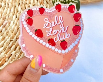 Self Love Club Cake Sticker | Cute Motivational Pink Sticker, Positive Quote, Self-Love, Self Care, Cake, Waterproof Sticker, Strawberries