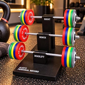 May include: A black display stand holding three miniature barbells with colourful weight plates. Each barbell is labelled with white text: SQUAT, BENCH, and DEADLIFT. The base features the white text ALEX'S PERSONAL RECORD. The plates are red, blue, green, and grey.