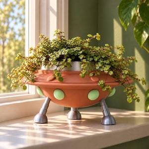 May include: A terracotta-coloured planter shaped like a flying saucer with a wide, flat rim, a rounded base, and three metallic silver legs. The planter features light green circular accents along the side and contains a lush, trailing green plant.