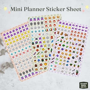 May include: Three rectangular sheets of pixel art stickers labelled Mini Planner Sticker Sheet. The sheets feature various small icons including stars, hearts, animals, food, and household items in colourful designs on checkered backgrounds.