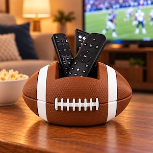 Peut inclure: Un support de télécommande en forme de ballon de football américain avec une surface texturée, des bandes blanches et des lacets blancs. Le support présente une ouverture centrale conçue pour ranger plusieurs télécommandes noires.