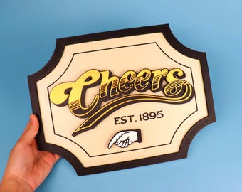 3D Cheers Sign for Home Bar or Mancave, Double-Sided Hanging Plaque