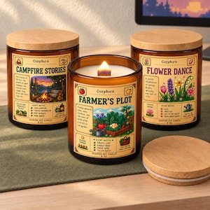 May include: Three amber glass jar candles with wooden lids, each featuring a label with the brand name CozyAura. The labels are titled Campfire Stories, Farmer's Plot, and Flower Dance, displaying colourful illustrations and 8 oz volume text.
