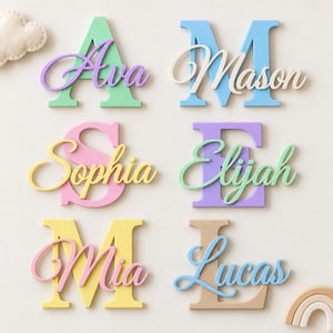 May include: Six decorative wall signs featuring large block letters in pastel colours, each overlaid with a cursive name. The names include Ava in purple, Mason in white, Sophia in yellow, Elijah in green, Mia in pink, and Lucas in blue.