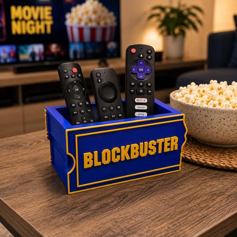 Op de afbeelding: Een rechthoekige blauwe opbergbak met gele rand en het woord BLOCKBUSTER in gele letters op de voorzijde. De bak bevat drie zwarte afstandsbedieningen van verschillende ontwerpen, waaronder een met paarse navigatieknoppen.