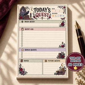May include: A cream-colored tear-off notepad with 50 pages, titled Today's Quest. The layout includes sections for Main Quest, Quest Log, Bonus Quests, Notes, and Future Quests. It features gothic illustrations of a raven, books, roses, and a key.