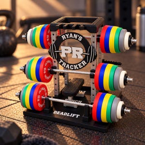 May include: A black and silver weightlifting rack display featuring three horizontal bars loaded with colorful Olympic plates. The central circular sign reads RYAN'S PR TRACKER. The base includes labels for BENCH and DEADLIFT in white text.
