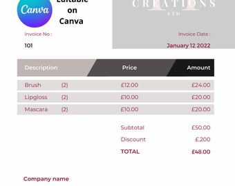 Pink grey minimalist business invoice template design | pdf download | Canva editable | digital invoice business supplies | custom receipt